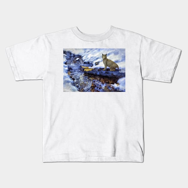 Bobcat by the Brook in Winter Kids T-Shirt by kenmo